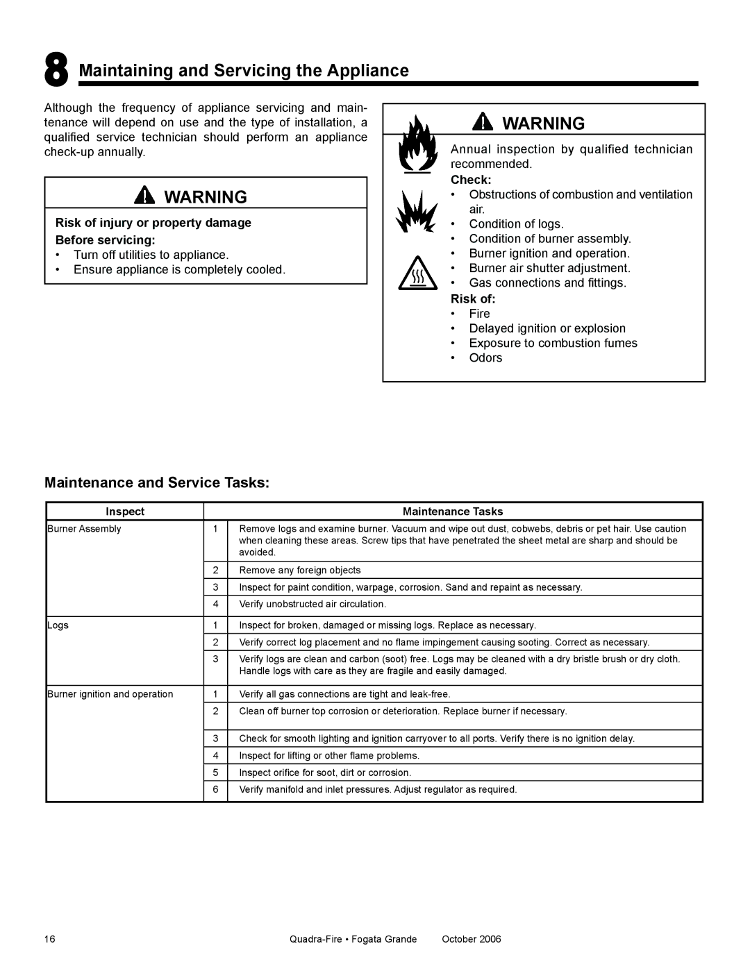 Quadra-Fire FG21SP-LP, FG21SP-NG Maintaining and Servicing the Appliance, Maintenance and Service Tasks, Check, Risk 