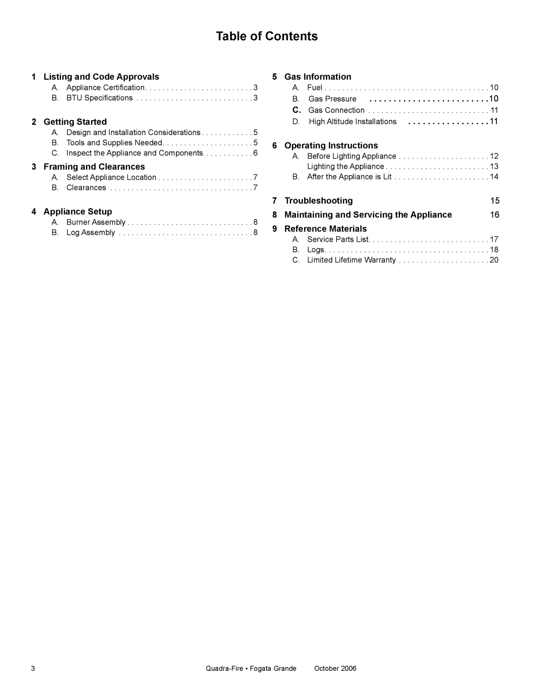 Quadra-Fire FG21SP-NG, FG21SP-LP owner manual Table of Contents 