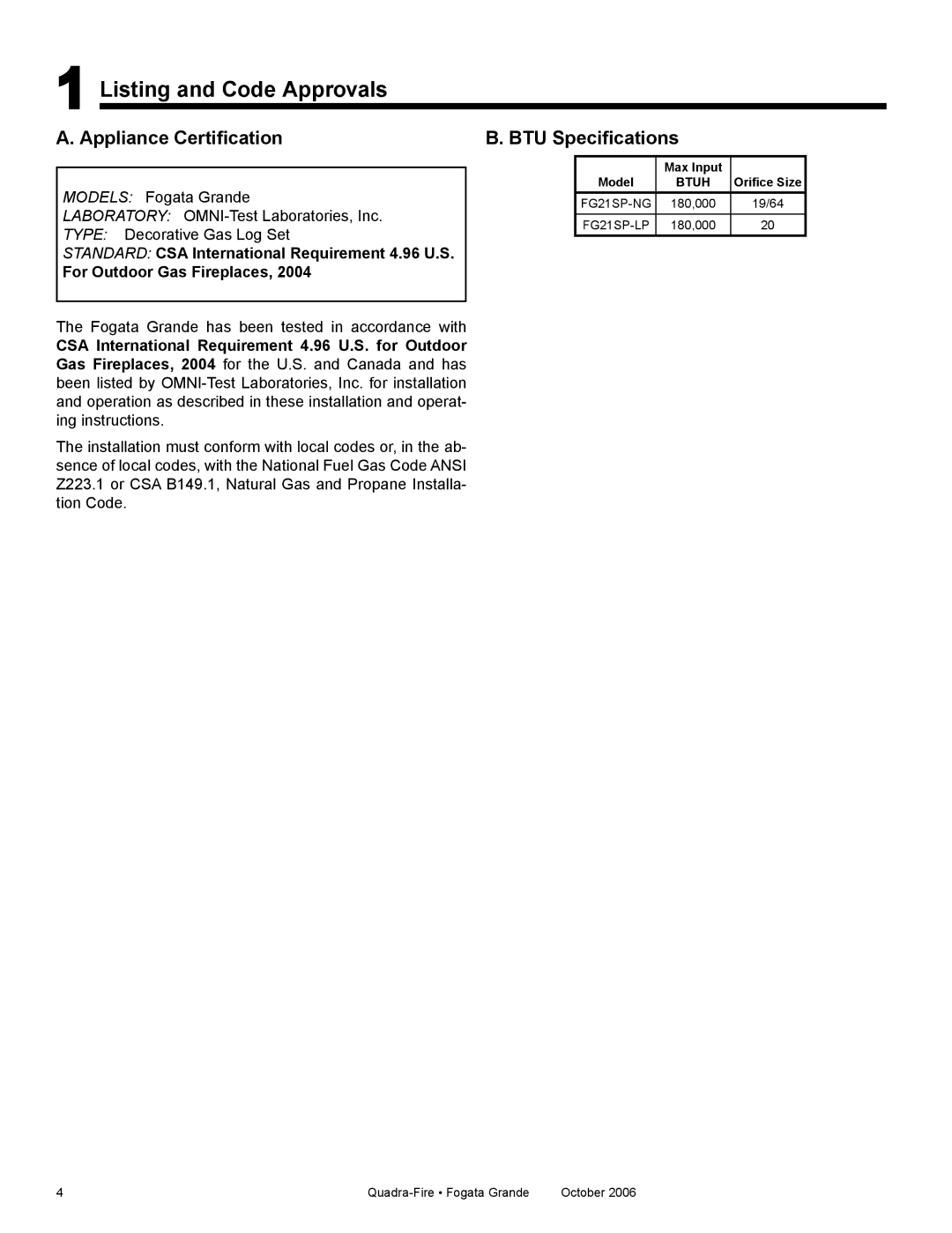 Quadra-Fire FG21SP-LP, FG21SP-NG owner manual Listing and Code Approvals, Appliance Certification, BTU Specifications 