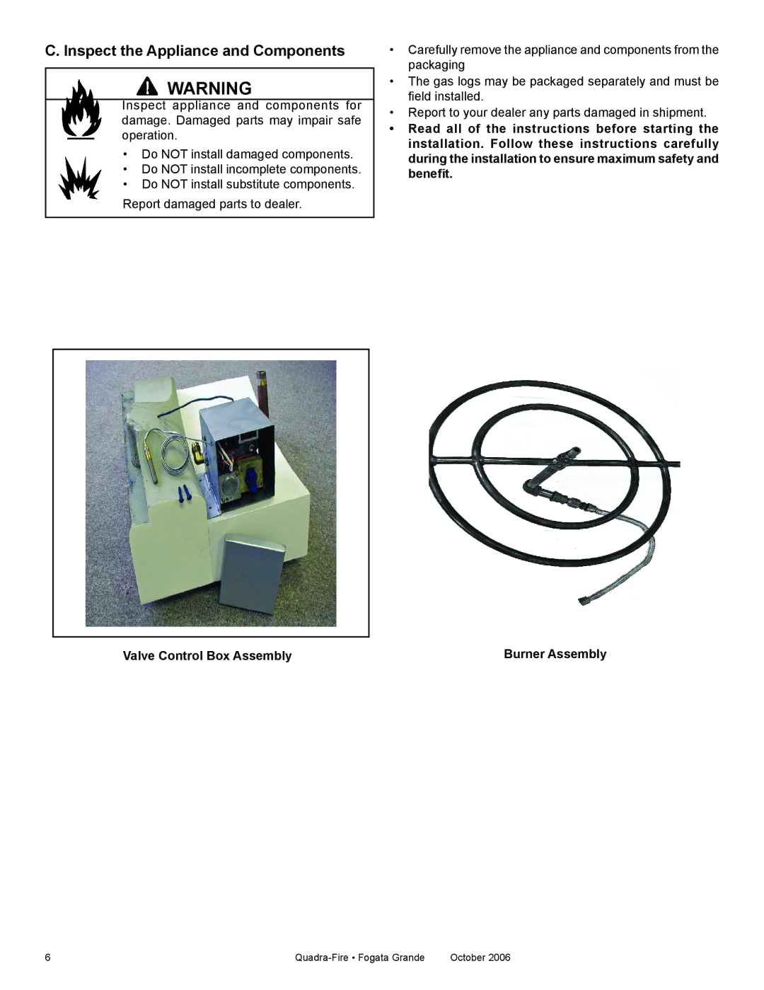 Quadra-Fire FG21SP-LP, FG21SP-NG owner manual Inspect the Appliance and Components, Valve Control Box Assembly 