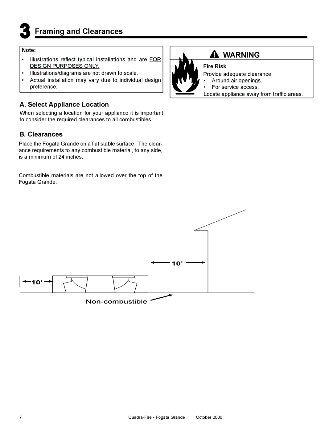 Quadra-Fire FG21SP-NG, FG21SP-LP owner manual Framing and Clearances, Select Appliance Location, Fire Risk 