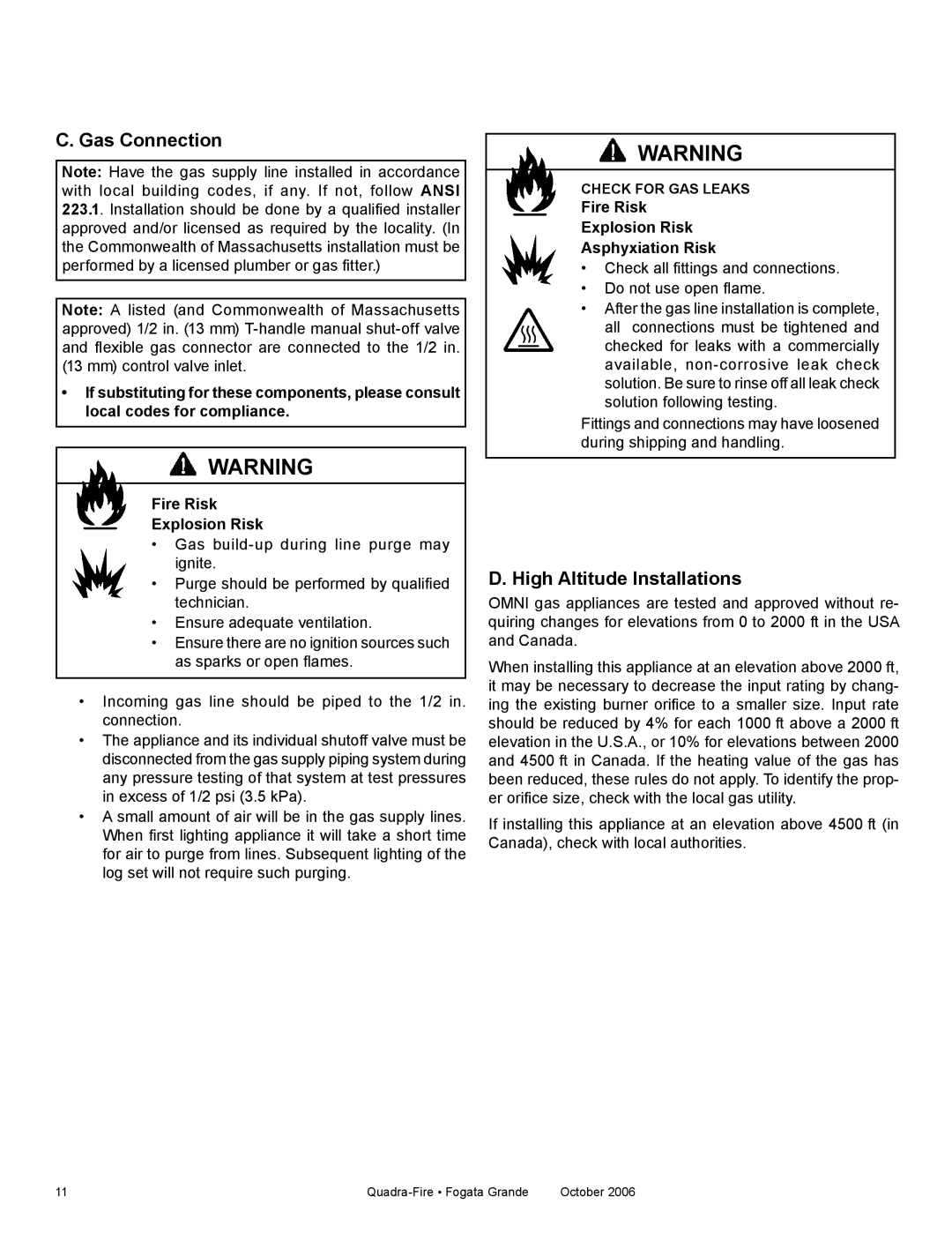 Quadra-Fire FG21SP-NG, FG21SP-LP owner manual C. Gas Connection, D. High Altitude Installations, Fire Risk Explosion Risk 