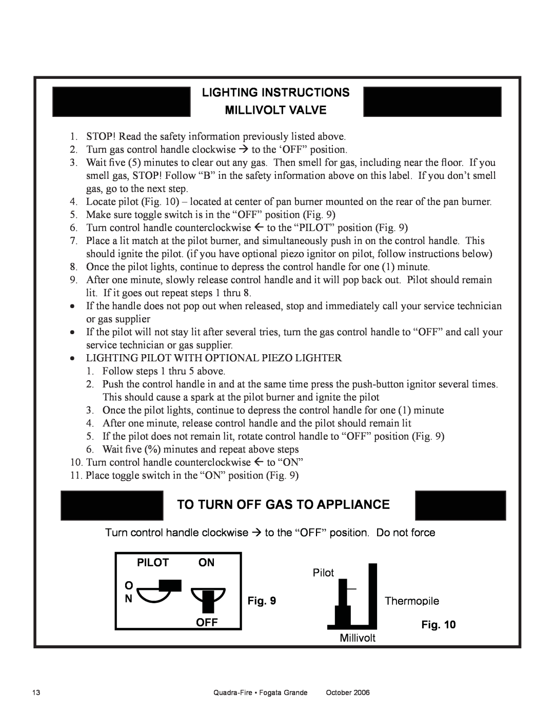 Quadra-Fire FG21SP-NG, FG21SP-LP owner manual To Turn Off Gas To Appliance, Lighting Instructions Millivolt Valve 