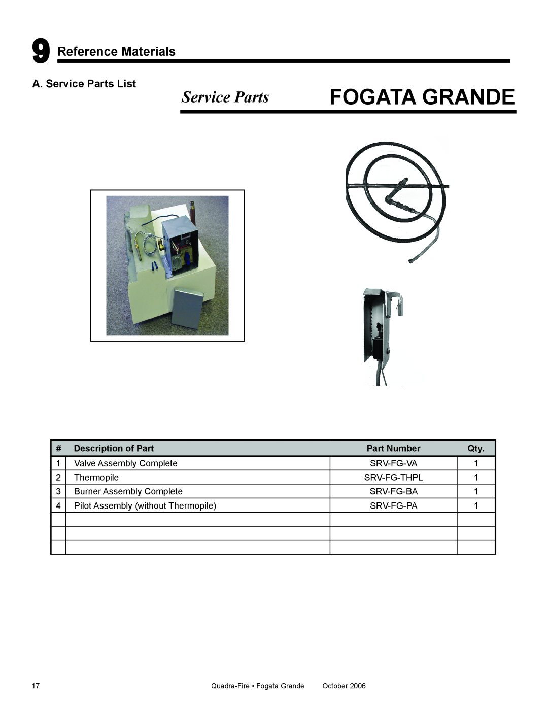 Quadra-Fire FG21SP-NG, FG21SP-LP Service Parts, Reference Materials, Fogata Grande, # Description of Part, Part Number 