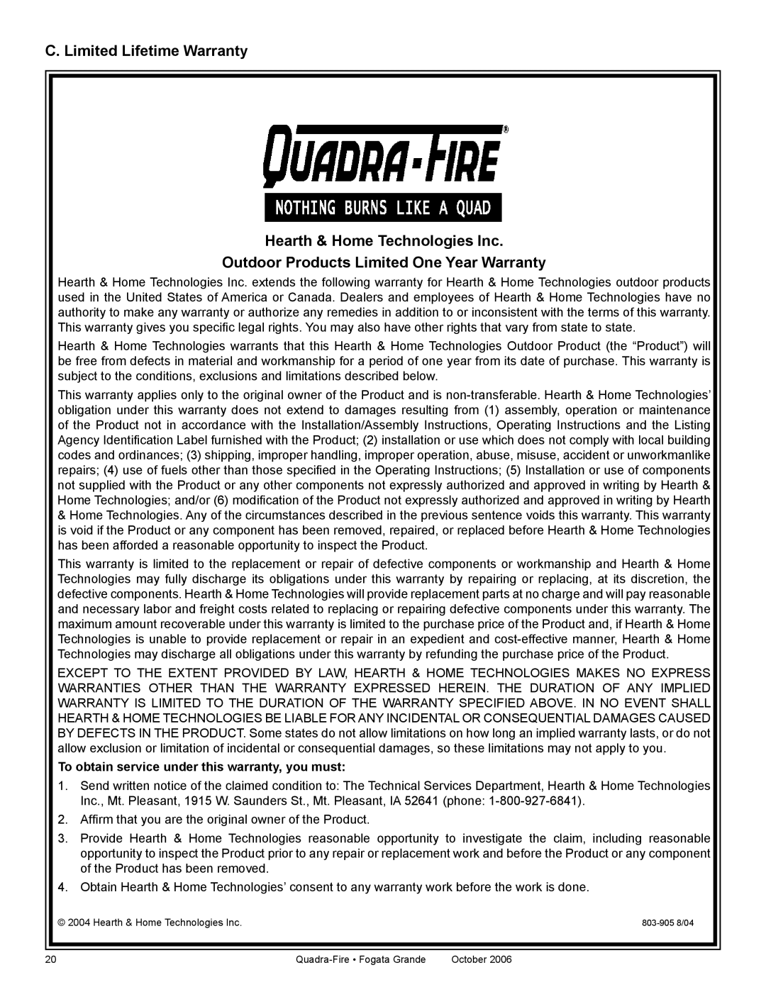 Quadra-Fire FG21SP-LP, FG21SP-NG owner manual C. Limited Lifetime Warranty, Hearth & Home Technologies Inc 