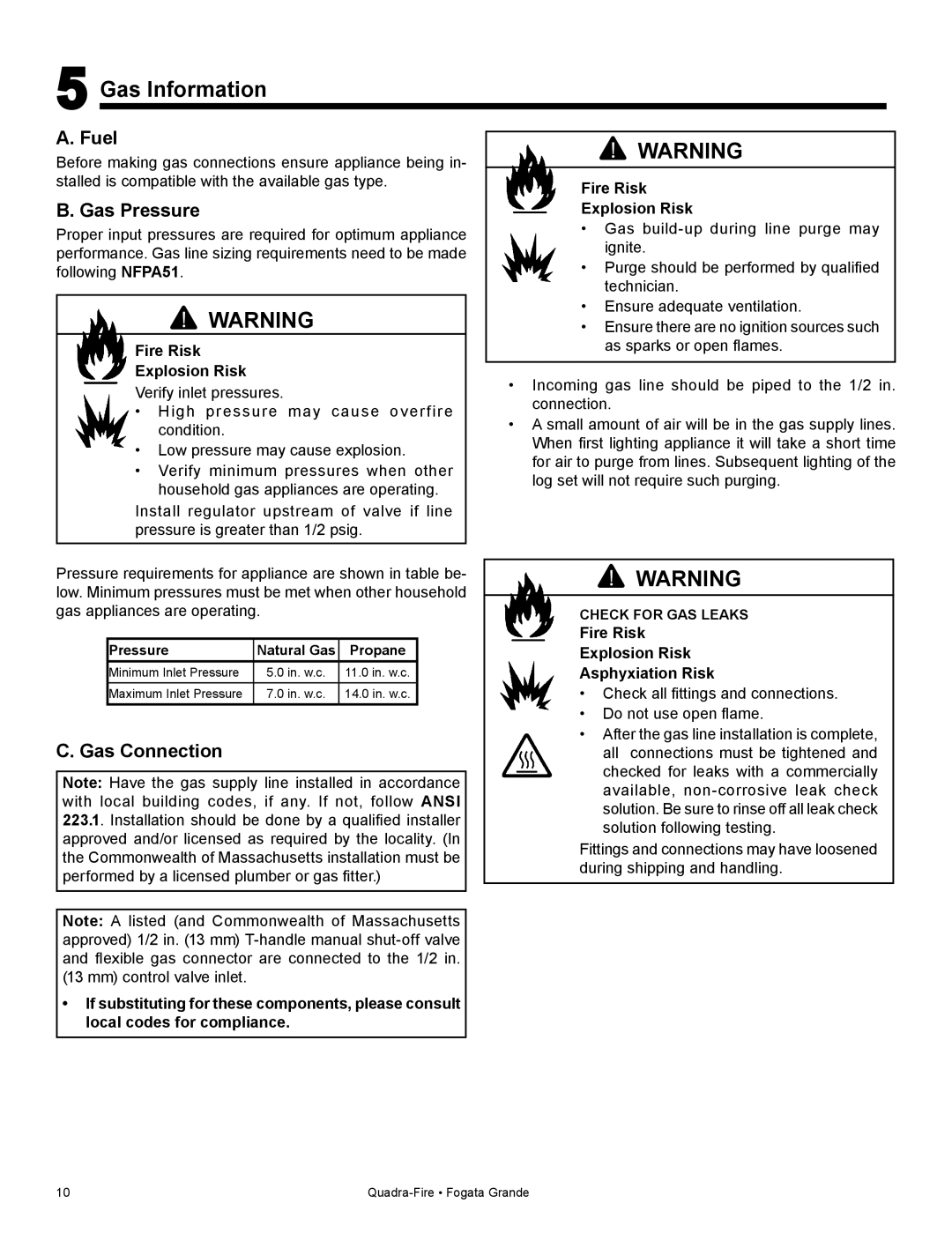 Quadra-Fire FG21SP-LP owner manual Gas Information, Fuel, Gas Pressure, Gas Connection 