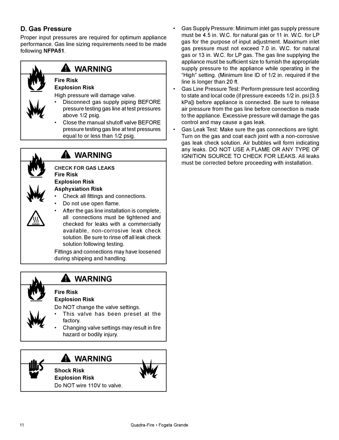 Quadra-Fire FG21SP-LP owner manual Shock Risk Explosion Risk 