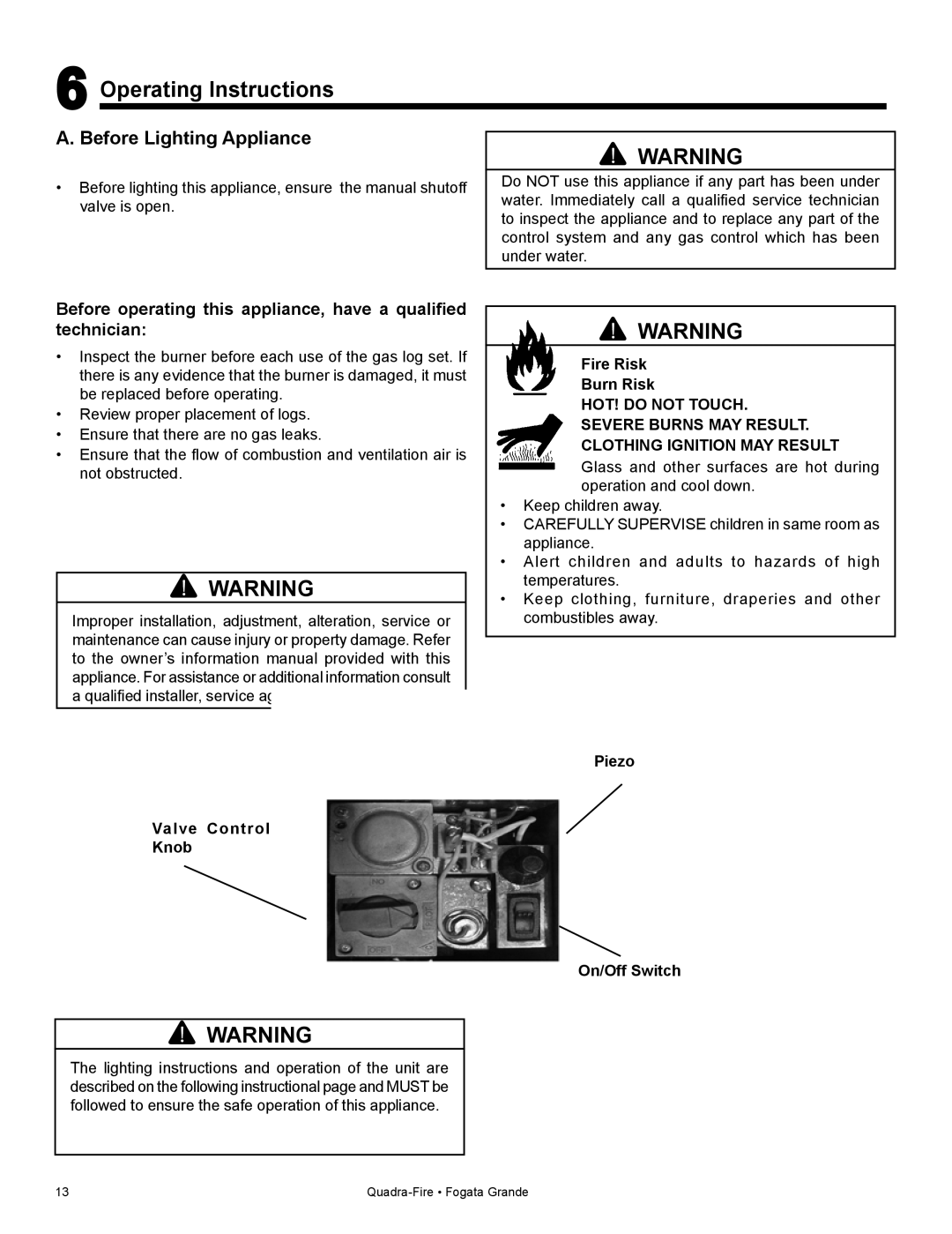 Quadra-Fire FG21SP-LP Operating Instructions, Before Lighting Appliance, Valve Control Knob, Fire Risk Burn Risk 