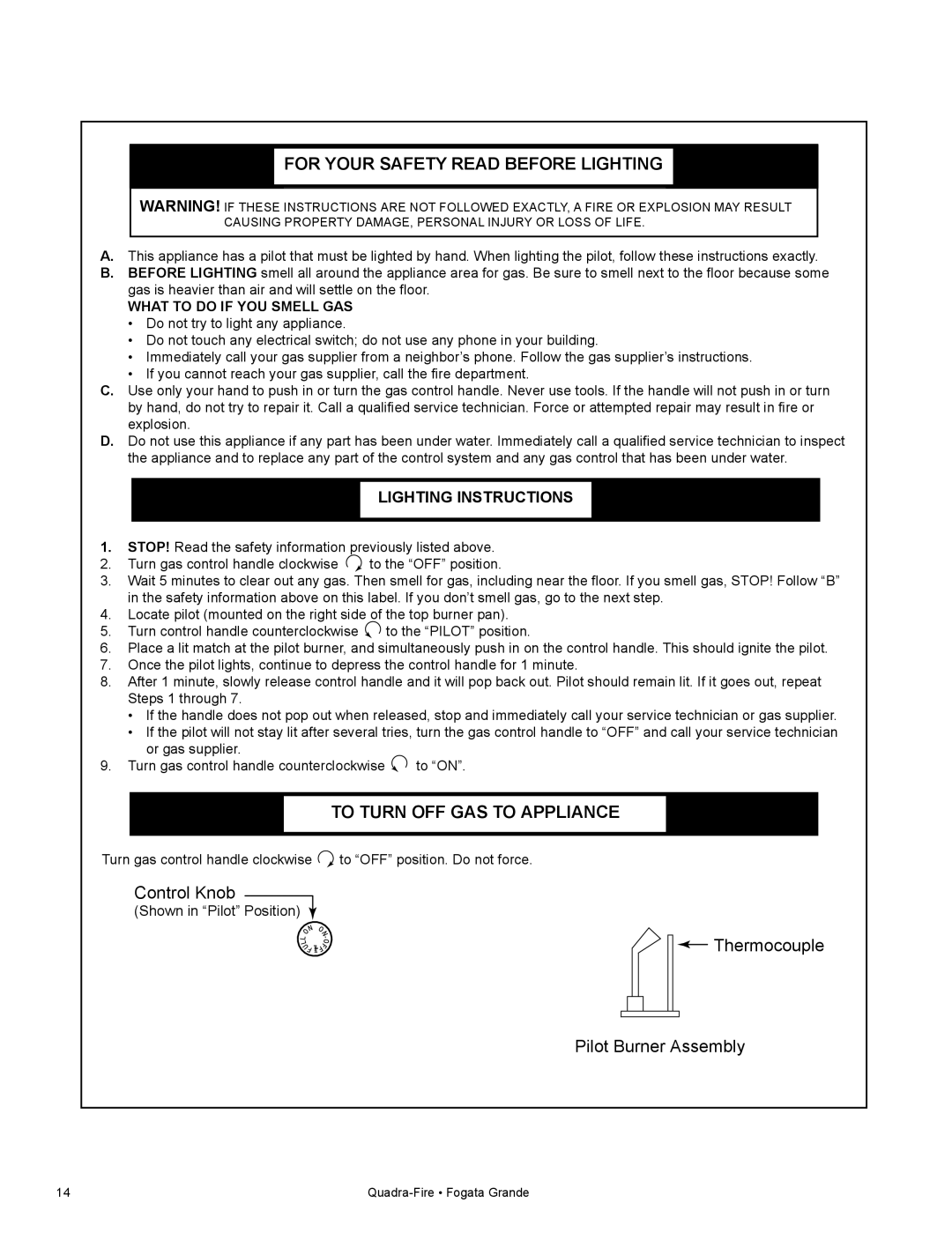 Quadra-Fire FG21SP-LP owner manual For Your Safety Read Before Lighting 