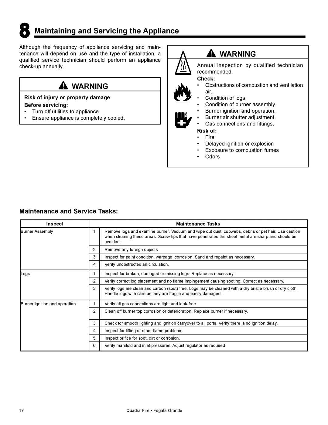 Quadra-Fire FG21SP-LP owner manual Maintaining and Servicing the Appliance, Maintenance and Service Tasks, Check, Risk 