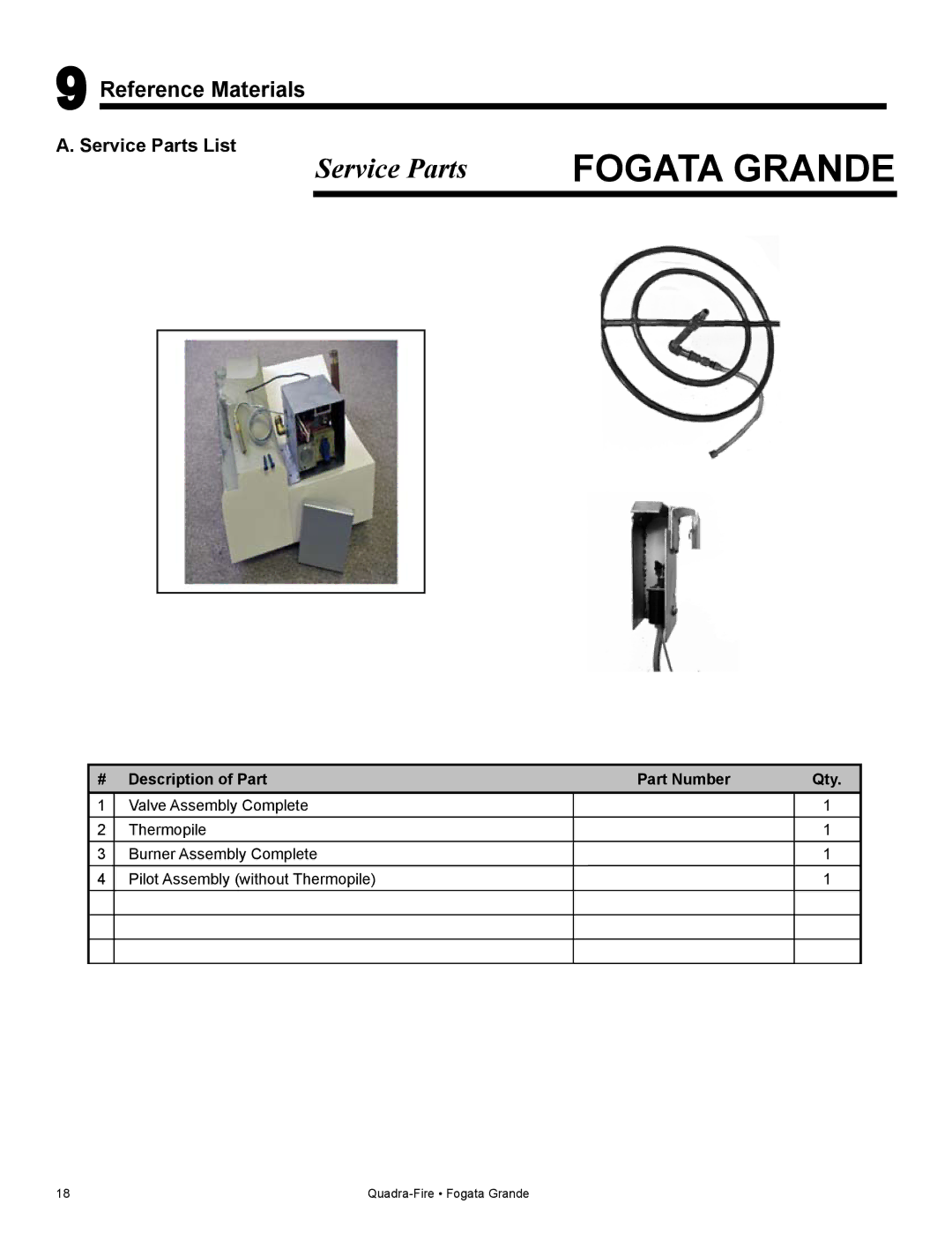 Quadra-Fire FG21SP-LP owner manual Reference Materials, Service Parts List, # Description of Part Part Number Qty 