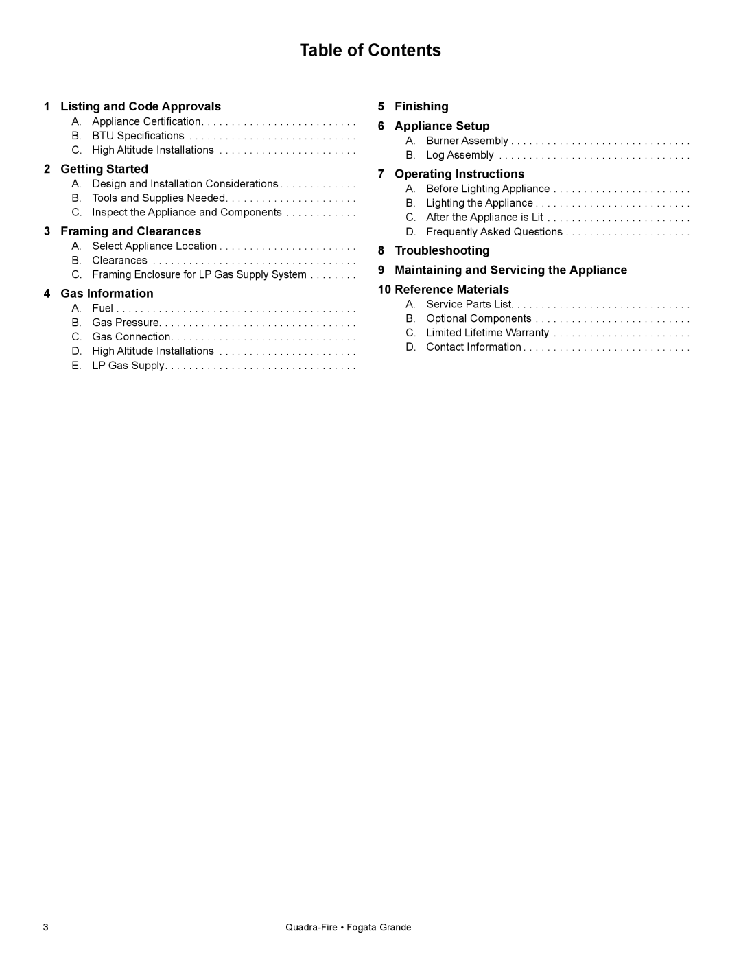 Quadra-Fire FG21SP-LP owner manual Table of Contents 