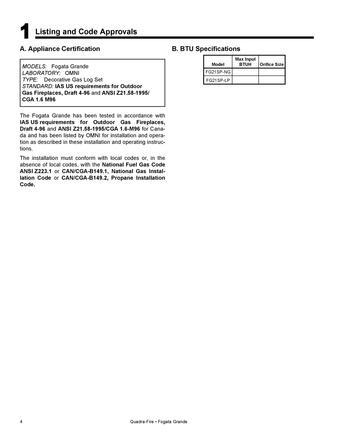 Quadra-Fire FG21SP-LP owner manual Listing and Code Approvals, Appliance Certification, BTU Specifications 