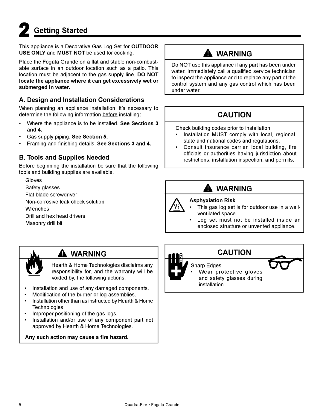 Quadra-Fire FG21SP-LP owner manual Getting Started, Design and Installation Considerations, Tools and Supplies Needed 