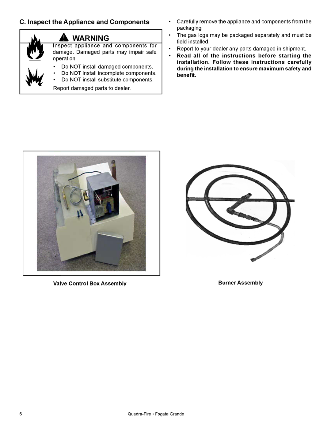 Quadra-Fire FG21SP-LP owner manual Inspect the Appliance and Components, Valve Control Box Assembly 