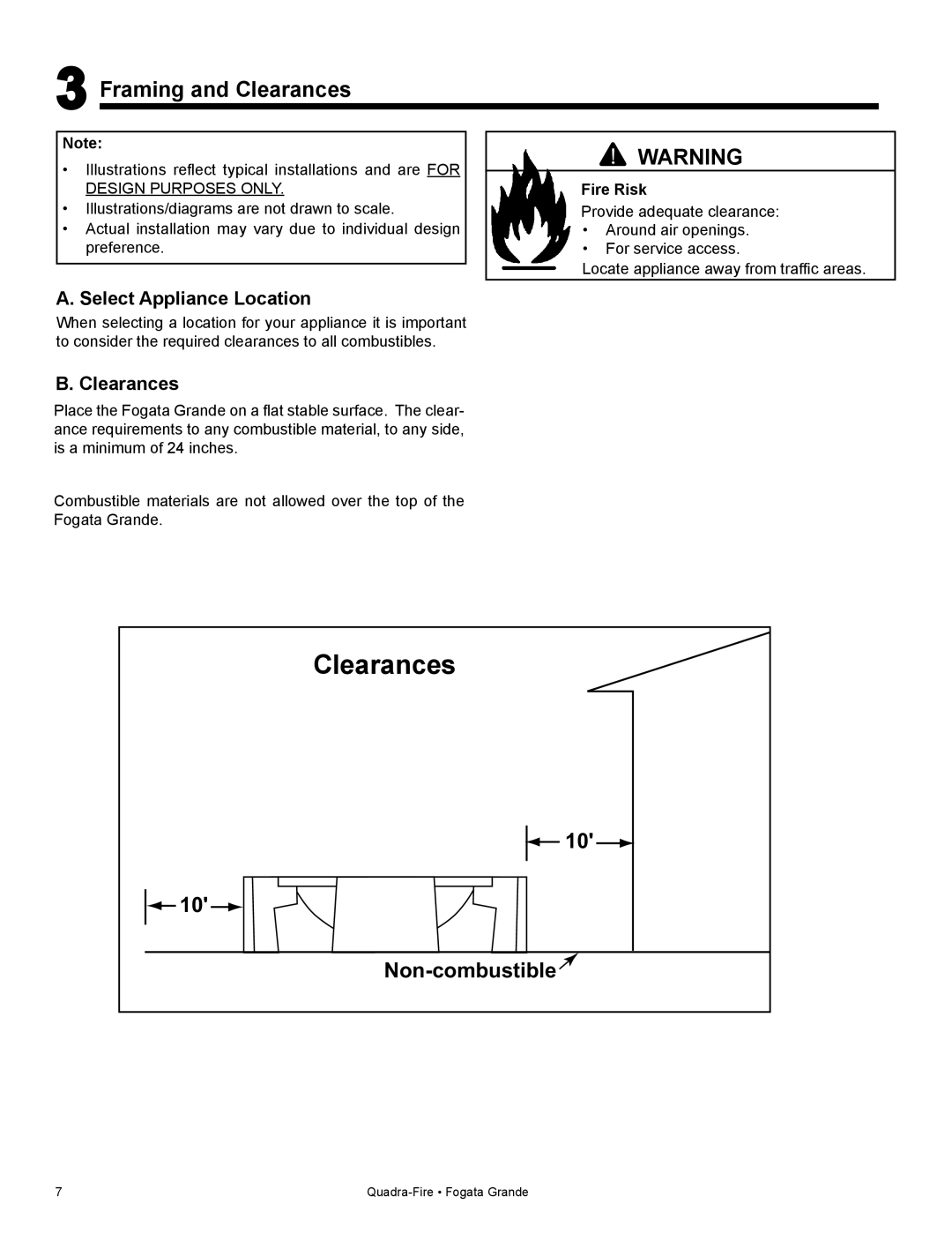 Quadra-Fire FG21SP-LP owner manual Framing and Clearances, Select Appliance Location, Fire Risk 