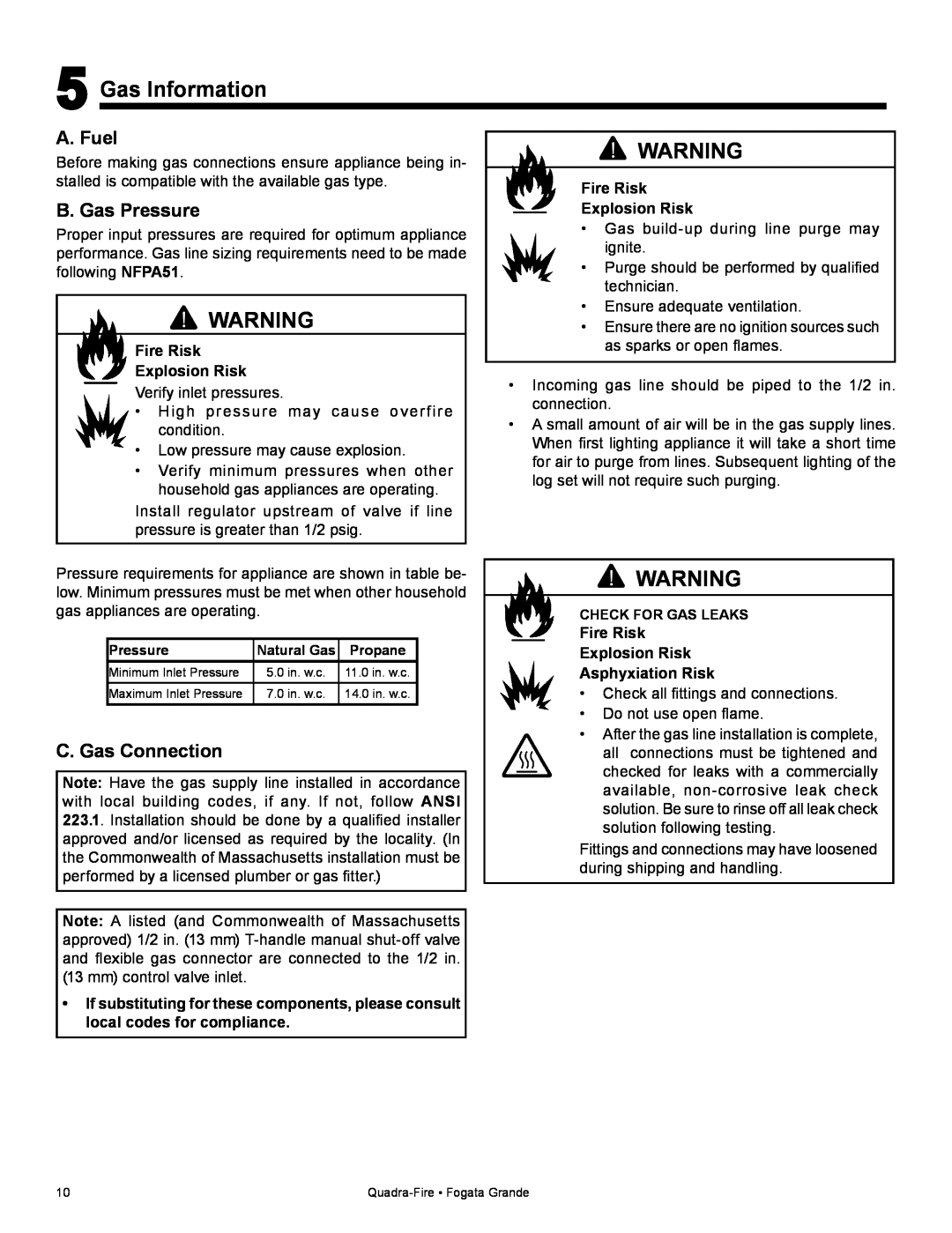 Quadra-Fire FG21SP-LP owner manual Gas Information, A. Fuel, B. Gas Pressure, C. Gas Connection, Fire Risk Explosion Risk 
