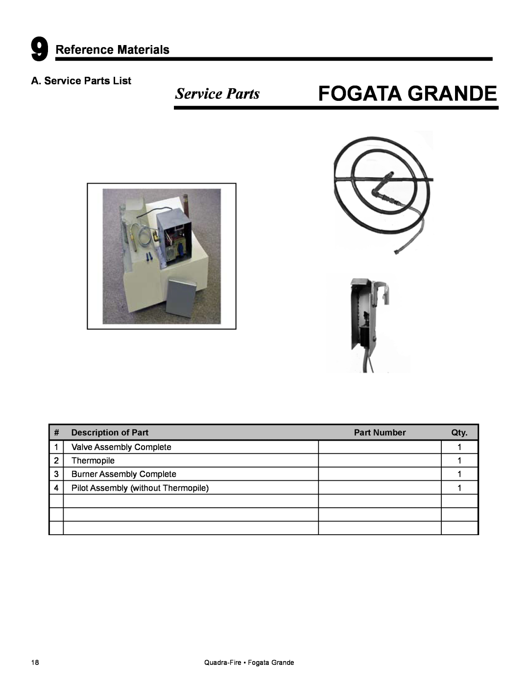 Quadra-Fire FG21SP-LP owner manual Service Parts, Reference Materials, Fogata Grande, # Description of Part, Part Number 