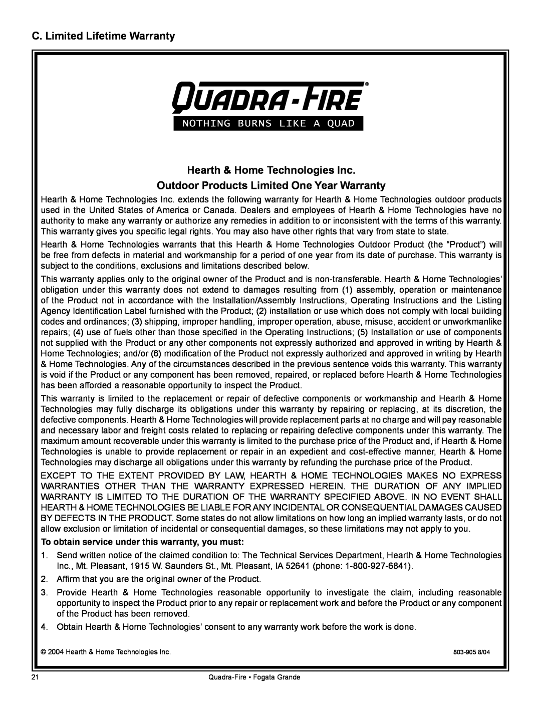 Quadra-Fire FG21SP-LP owner manual C. Limited Lifetime Warranty, Hearth & Home Technologies Inc 