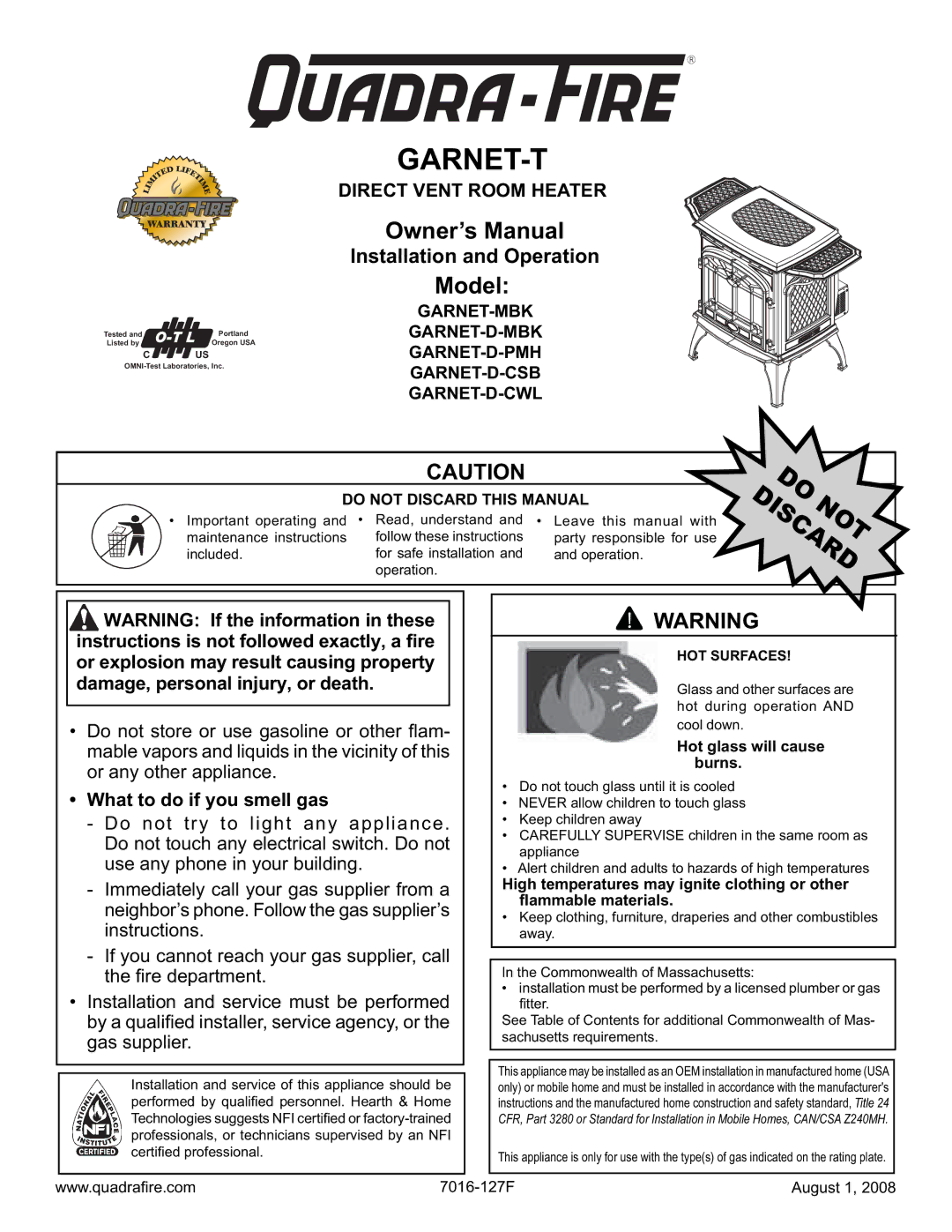 Quadra-Fire GARNET-D-PMH, GARNET-MBK owner manual What to do if you smell gas, Do not Discard this Manual, Do Discardnot 