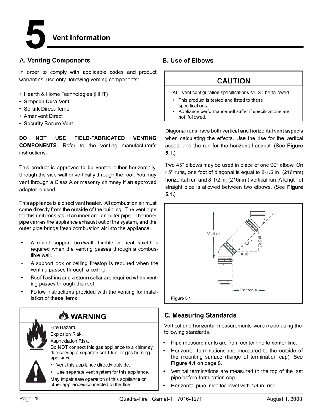 Quadra-Fire GARNET-MBK, GARNET-D-PMH, GARNET-D-MBK Vent Information, Venting Components Use of Elbows, Measuring Standards 