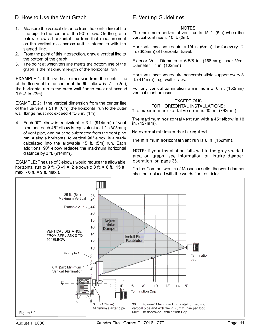 Quadra-Fire GARNET-D-PMH, GARNET-MBK How to Use the Vent Graph Venting Guidelines, Exceptions For Horizontal Installations 