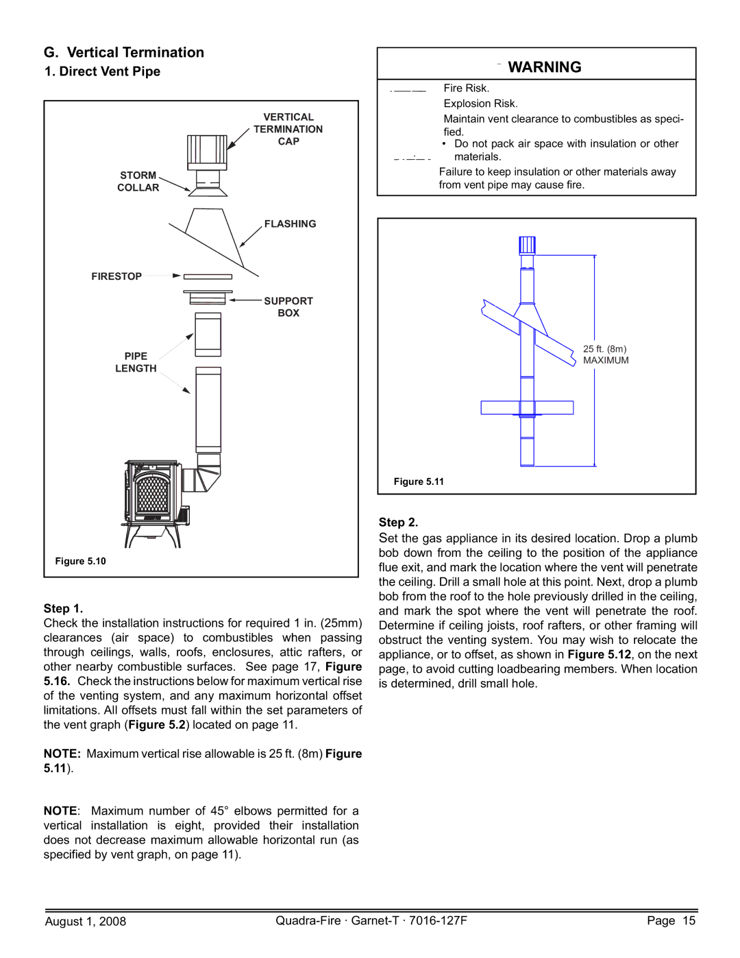 Quadra-Fire GARNET-MBK, GARNET-D-PMH, GARNET-D-MBK, GARNET-D-CWL, GARNET-D-CSB Vertical Termination, Direct Vent Pipe 