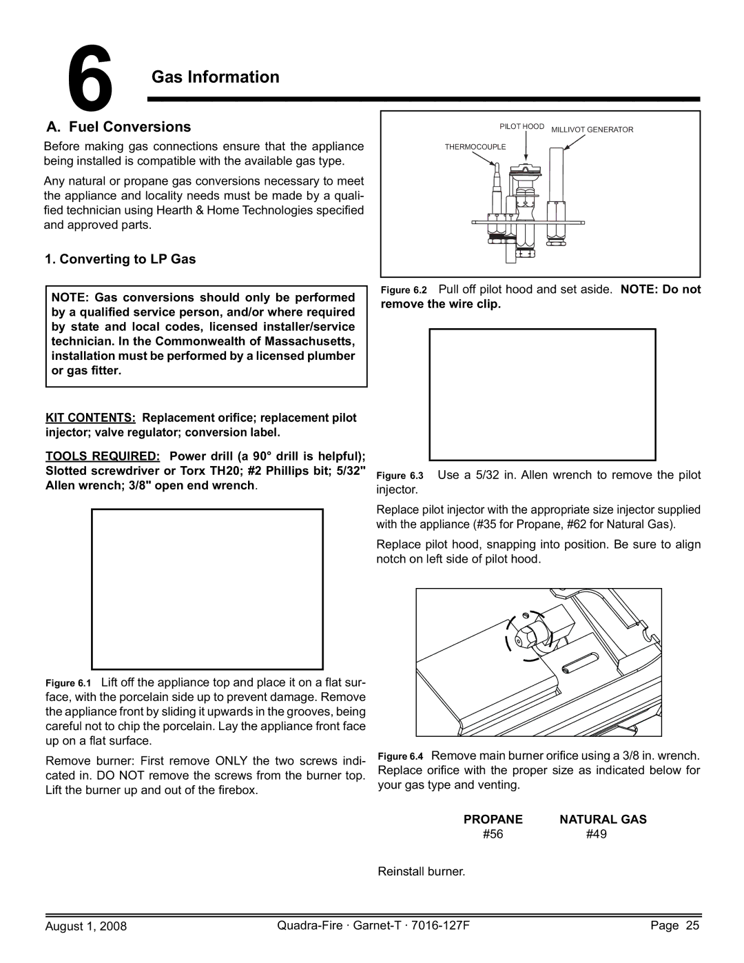Quadra-Fire GARNET-MBK, GARNET-D-PMH Gas Information, Fuel Conversions, Converting to LP Gas, Propane Natural GAS, #56 #49 