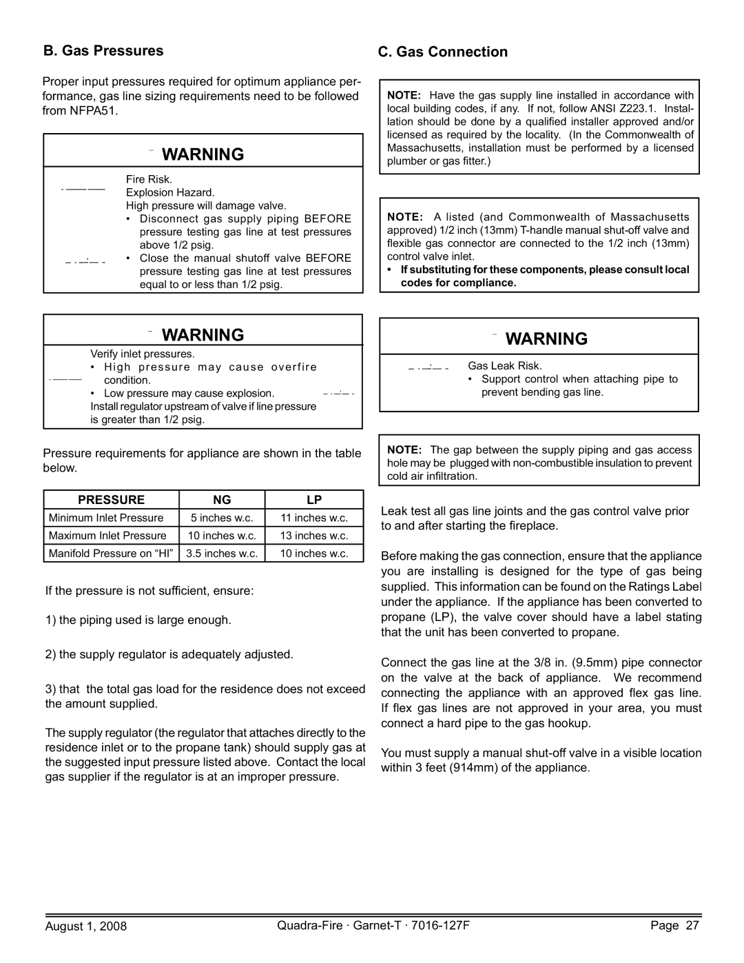 Quadra-Fire GARNET-D-MBK, GARNET-MBK, GARNET-D-PMH, GARNET-D-CWL, GARNET-D-CSB owner manual Gas Pressures Gas Connection 