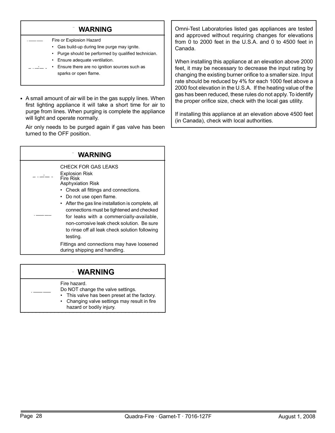 Quadra-Fire GARNET-D-CWL, GARNET-MBK, GARNET-D-PMH, GARNET-D-MBK, GARNET-D-CSB owner manual Check for GAS Leaks 