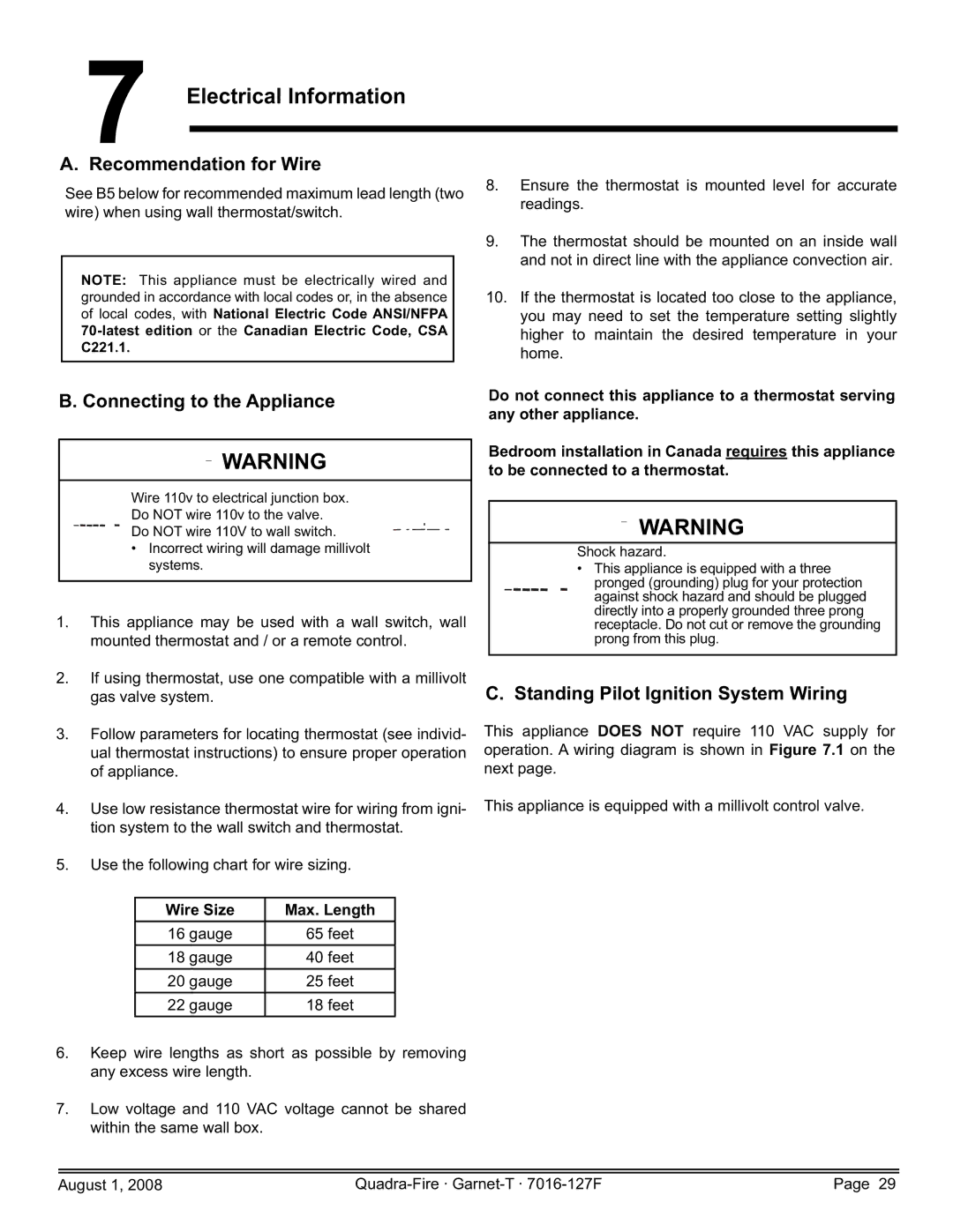 Quadra-Fire GARNET-D-CSB, GARNET-MBK Electrical Information, Recommendation for Wire, Connecting to the Appliance 