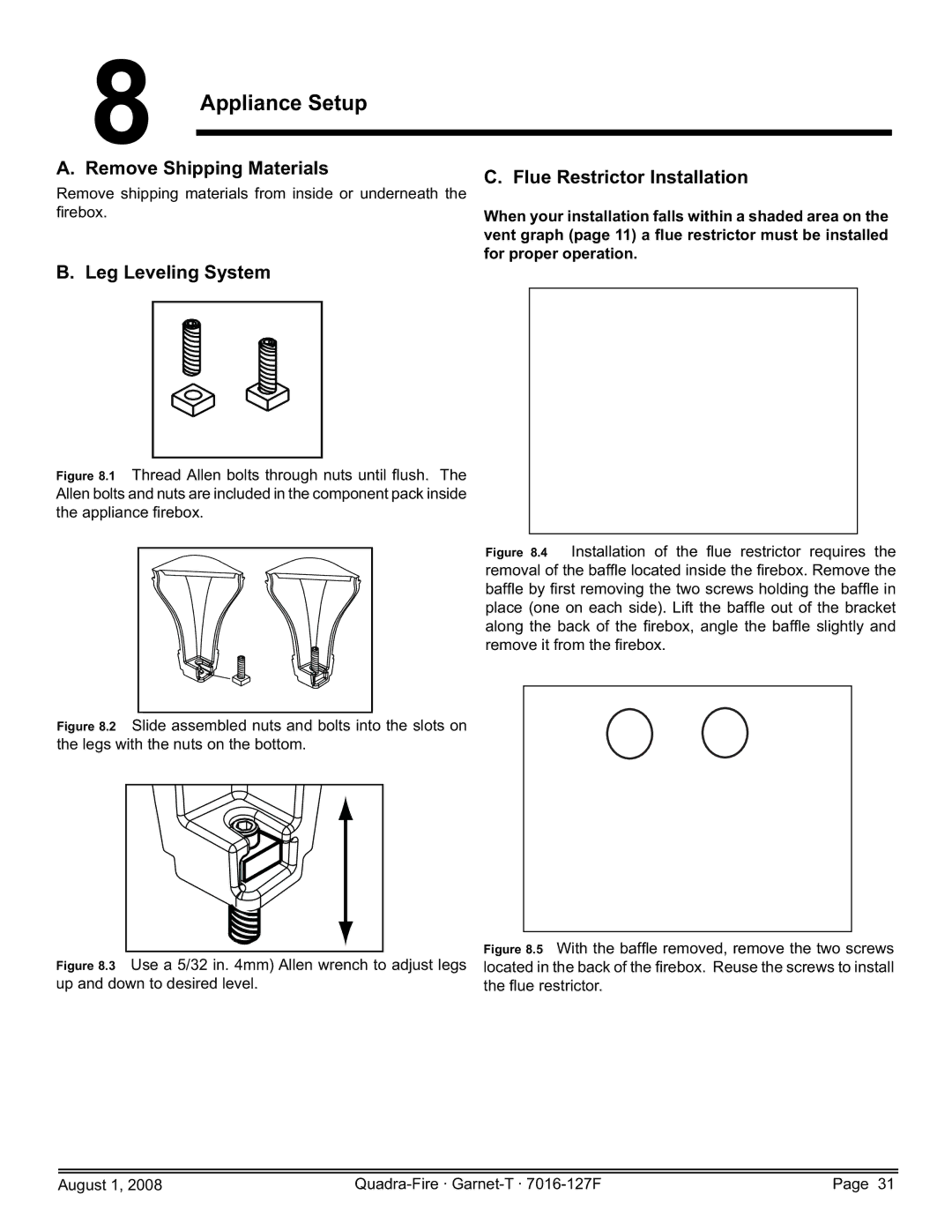 Quadra-Fire GARNET-D-PMH Appliance Setup, Remove Shipping Materials, Flue Restrictor Installation, Leg Leveling System 