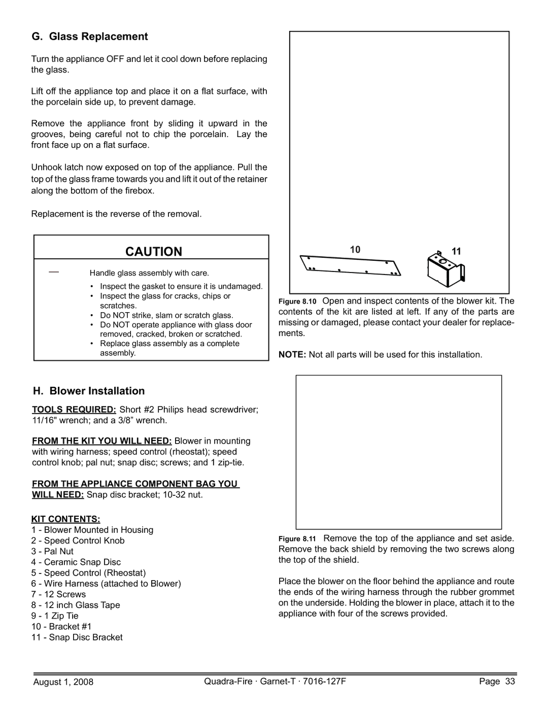 Quadra-Fire GARNET-D-CWL, GARNET-MBK, GARNET-D-PMH, GARNET-D-MBK Glass Replacement, Blower Installation, KIT Contents 