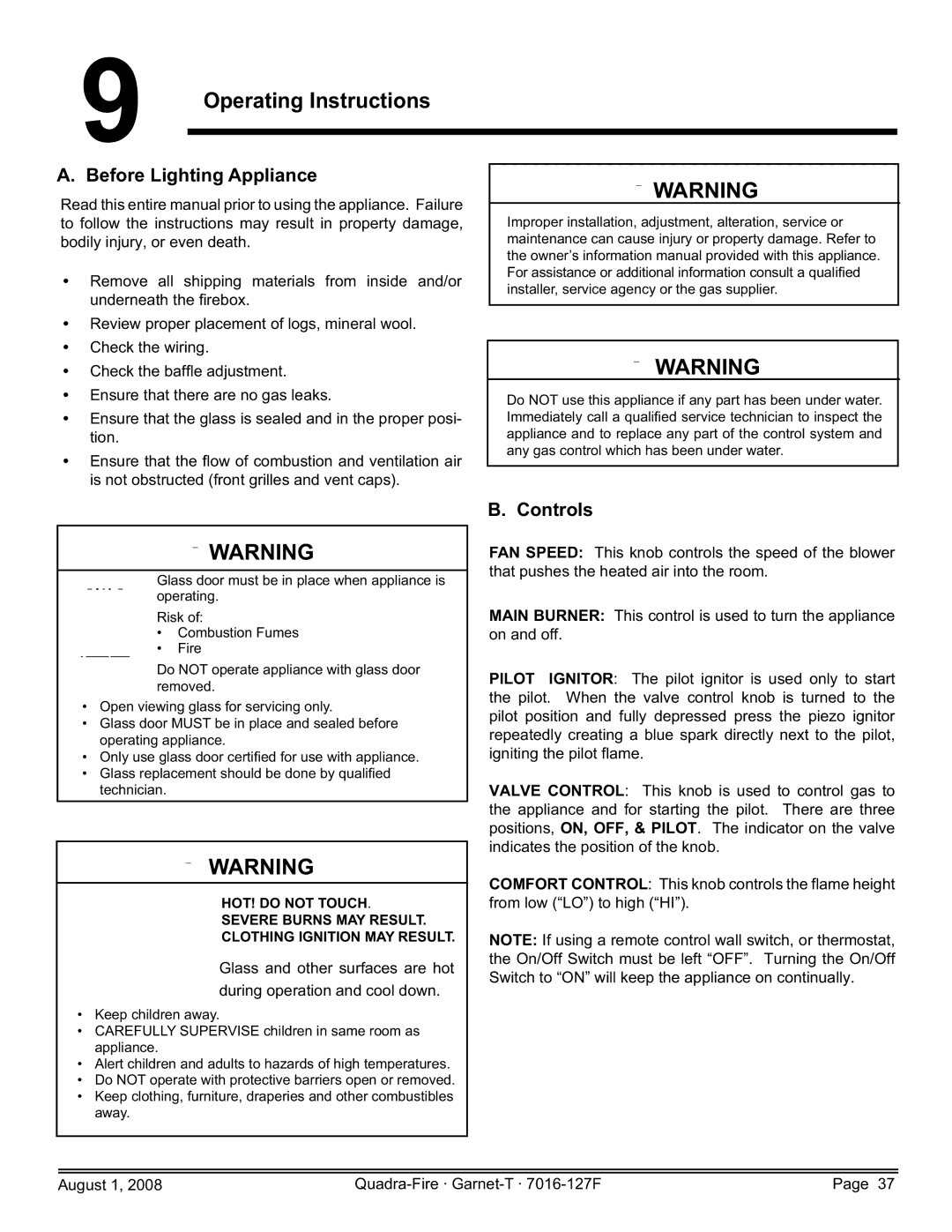 Quadra-Fire GARNET-D-MBK, GARNET-MBK, GARNET-D-PMH, GARNET-D-CWL Operating Instructions, Before Lighting Appliance, Controls 