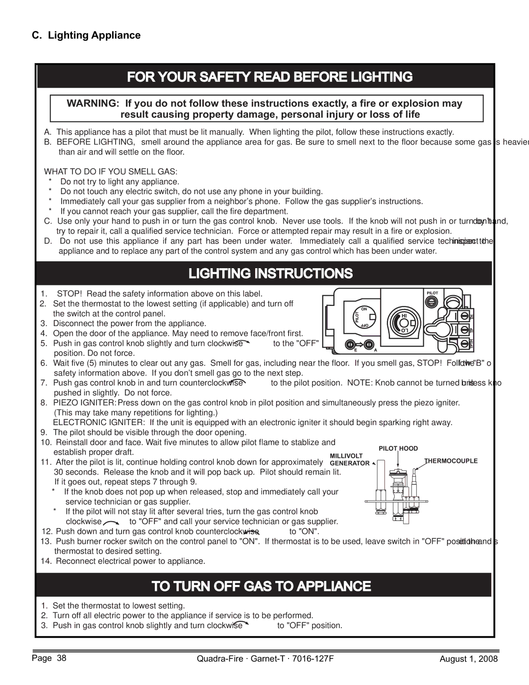 Quadra-Fire GARNET-D-CWL, GARNET-MBK, GARNET-D-PMH, GARNET-D-MBK For Your Safety Read Before Lighting, Lighting Appliance 