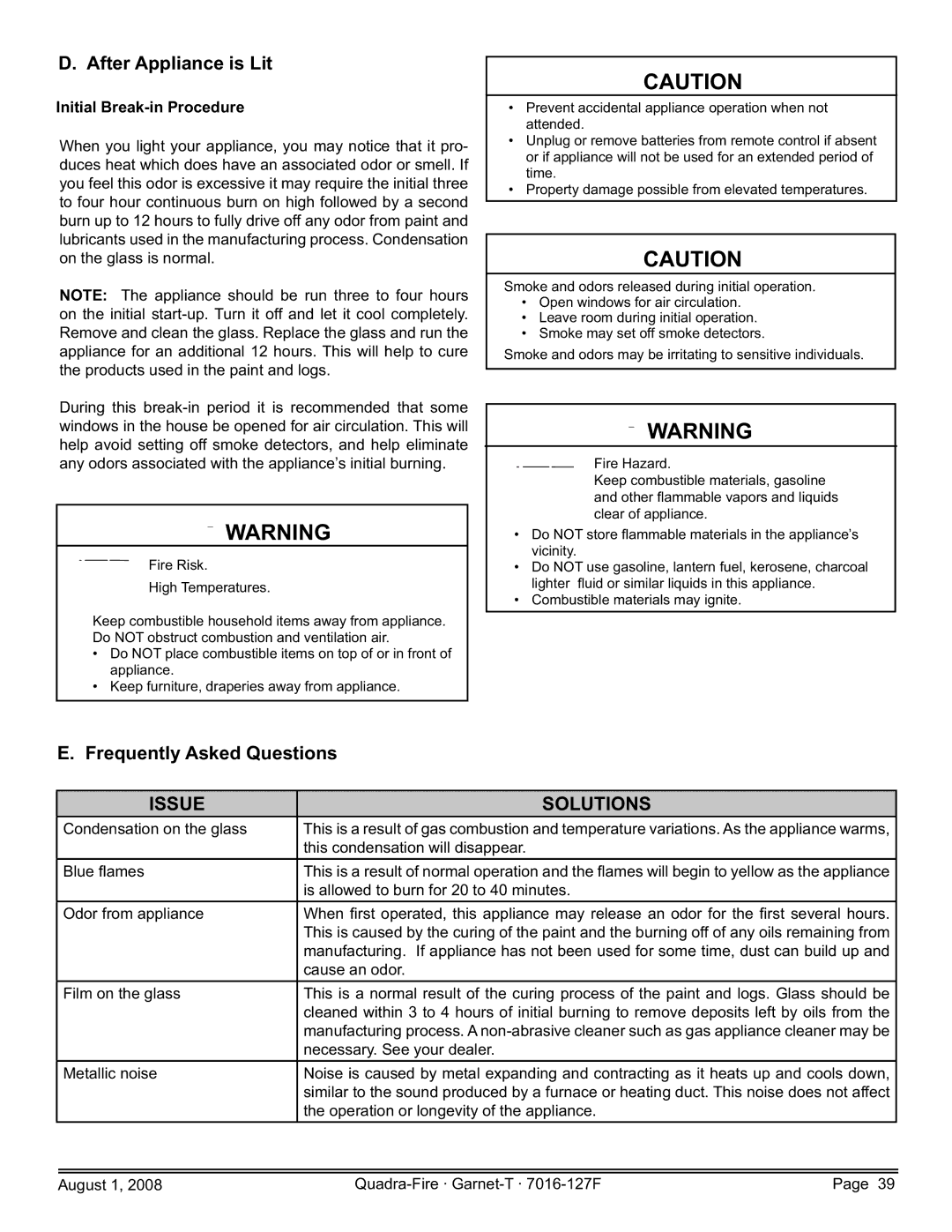 Quadra-Fire GARNET-D-CSB, GARNET-MBK After Appliance is Lit, Frequently Asked Questions, Initial Break-in Procedure 