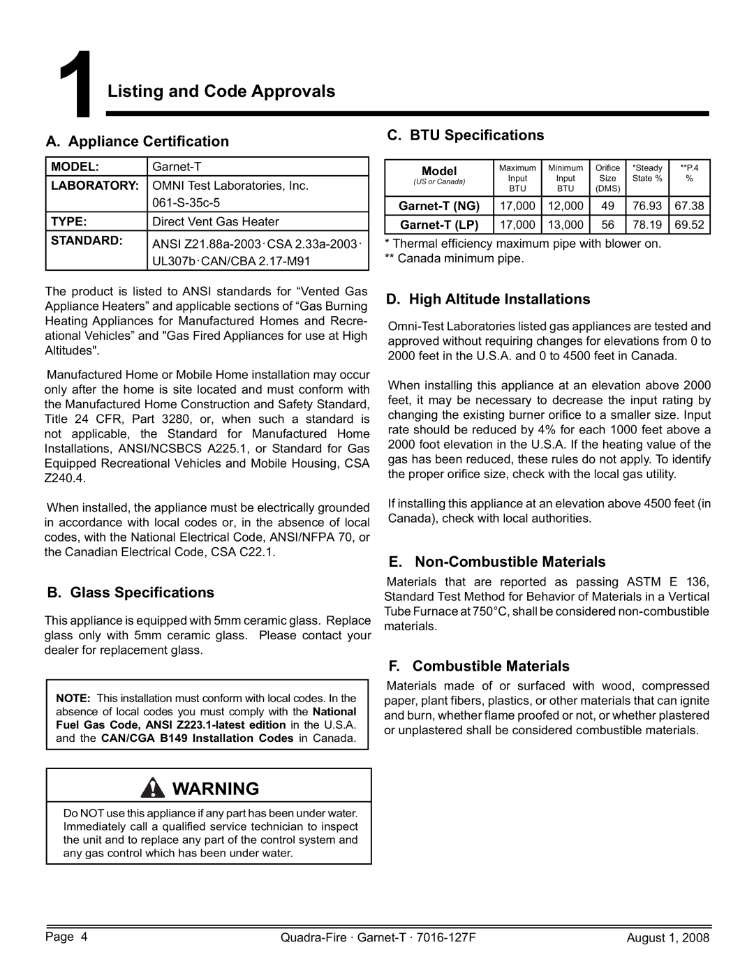 Quadra-Fire GARNET-D-CSB, GARNET-MBK, GARNET-D-PMH, GARNET-D-MBK, GARNET-D-CWL owner manual 1Listing and Code Approvals 