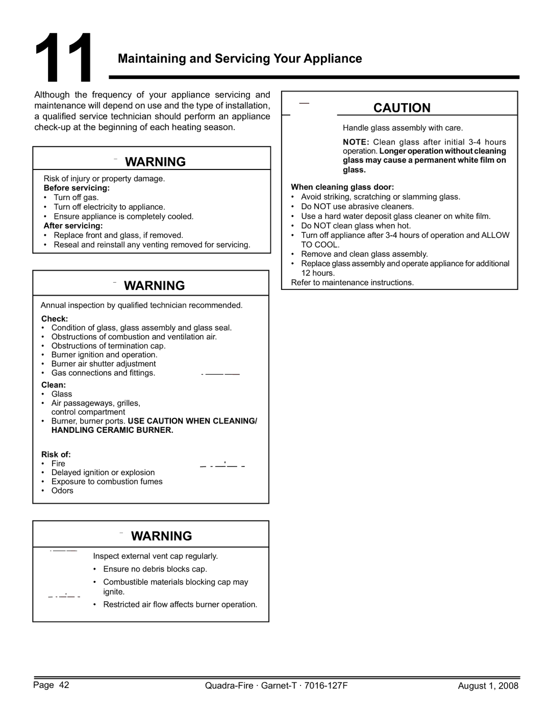 Quadra-Fire GARNET-D-MBK, GARNET-MBK, GARNET-D-PMH, GARNET-D-CWL Maintaining and Servicing Your Appliance, After servicing 