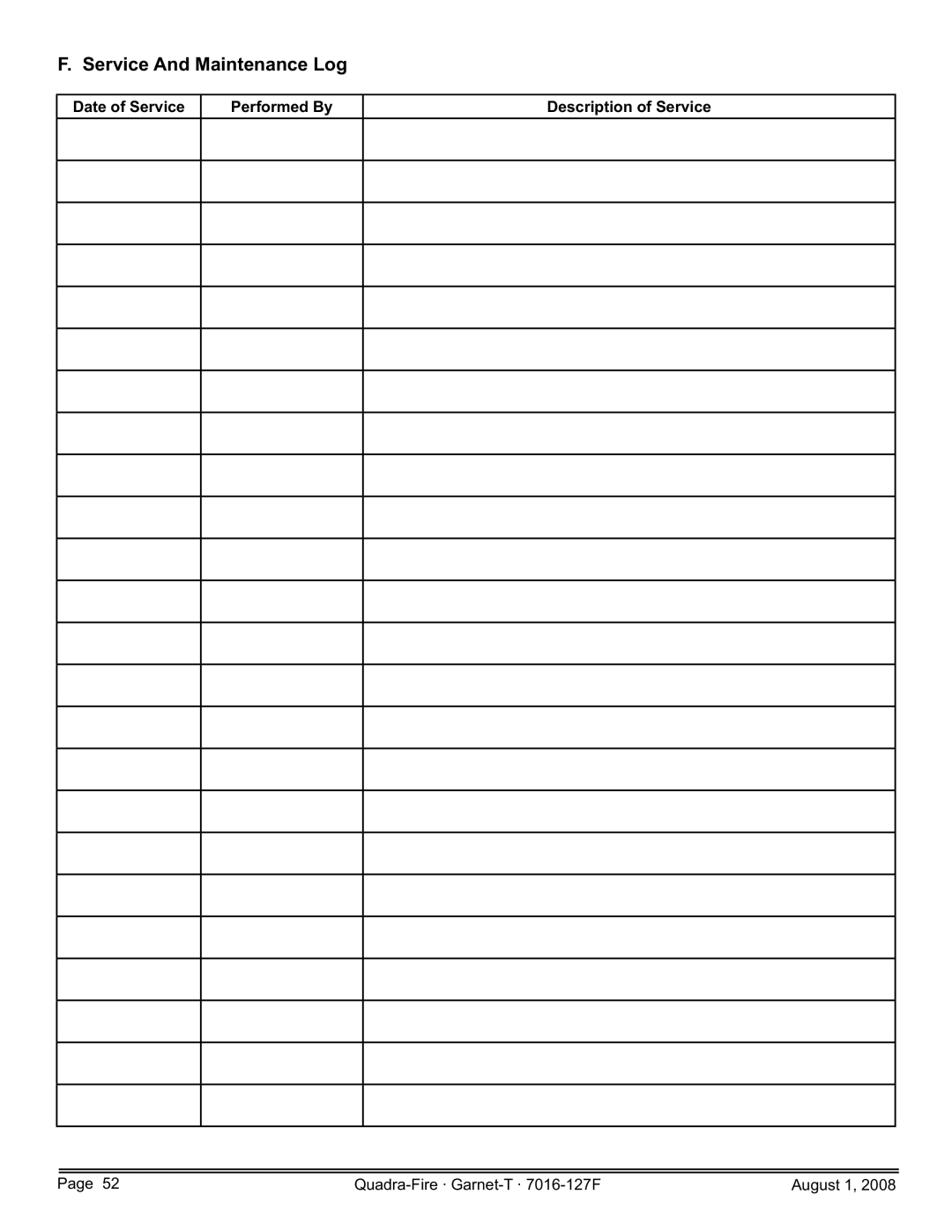 Quadra-Fire GARNET-D-MBK, GARNET-MBK Service And Maintenance Log, Date of Service Performed By Description of Service 