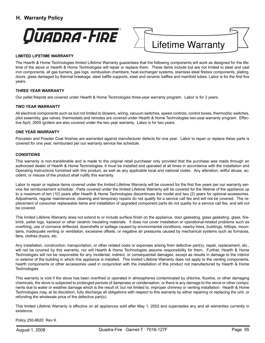 Quadra-Fire GARNET-MBK, GARNET-D-PMH, GARNET-D-MBK, GARNET-D-CWL, GARNET-D-CSB owner manual Lifetime Warranty, Warranty Policy 