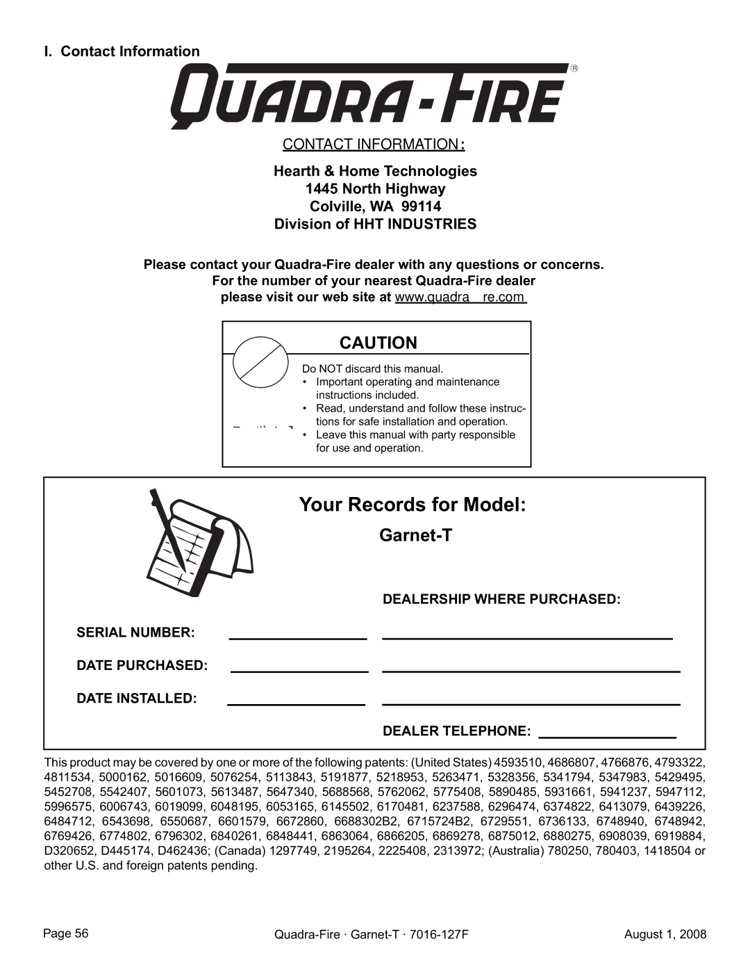Quadra-Fire GARNET-D-PMH, GARNET-MBK, GARNET-D-MBK, GARNET-D-CWL owner manual Garnet-T, Contact Information, Dealer Telephone 