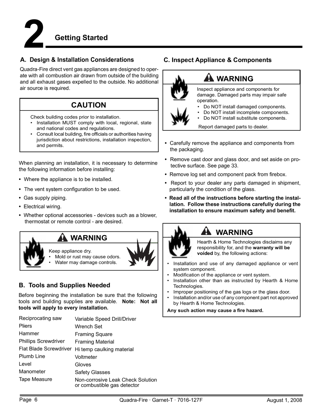 Quadra-Fire GARNET-D-PMH, GARNET-MBK Getting Started, Tools and Supplies Needed, Tools will apply to every installation 