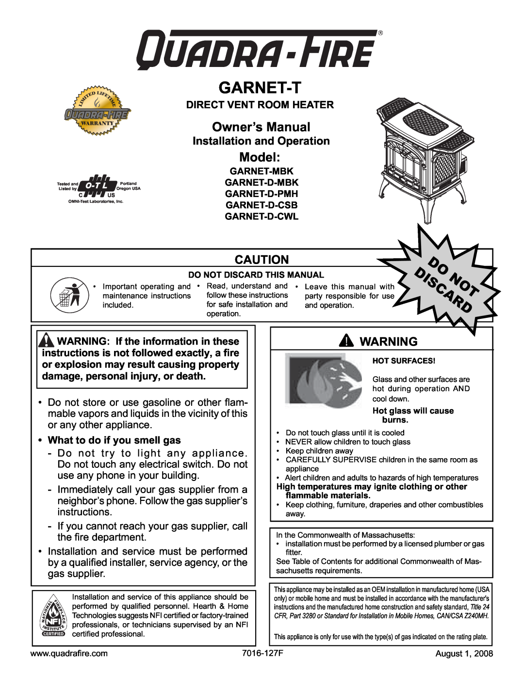 Quadra-Fire GARNET-D-PMH, GARNET-MBK owner manual Garnet-T, Model, Installation and Operation, Direct Vent Room Heater 