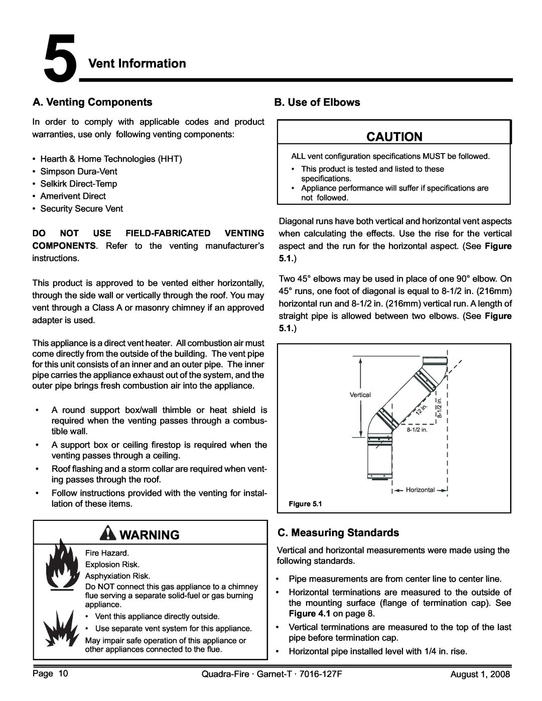 Quadra-Fire GARNET-MBK, GARNET-D-PMH 5Vent Information, A. Venting Components, B. Use of Elbows, C. Measuring Standards 