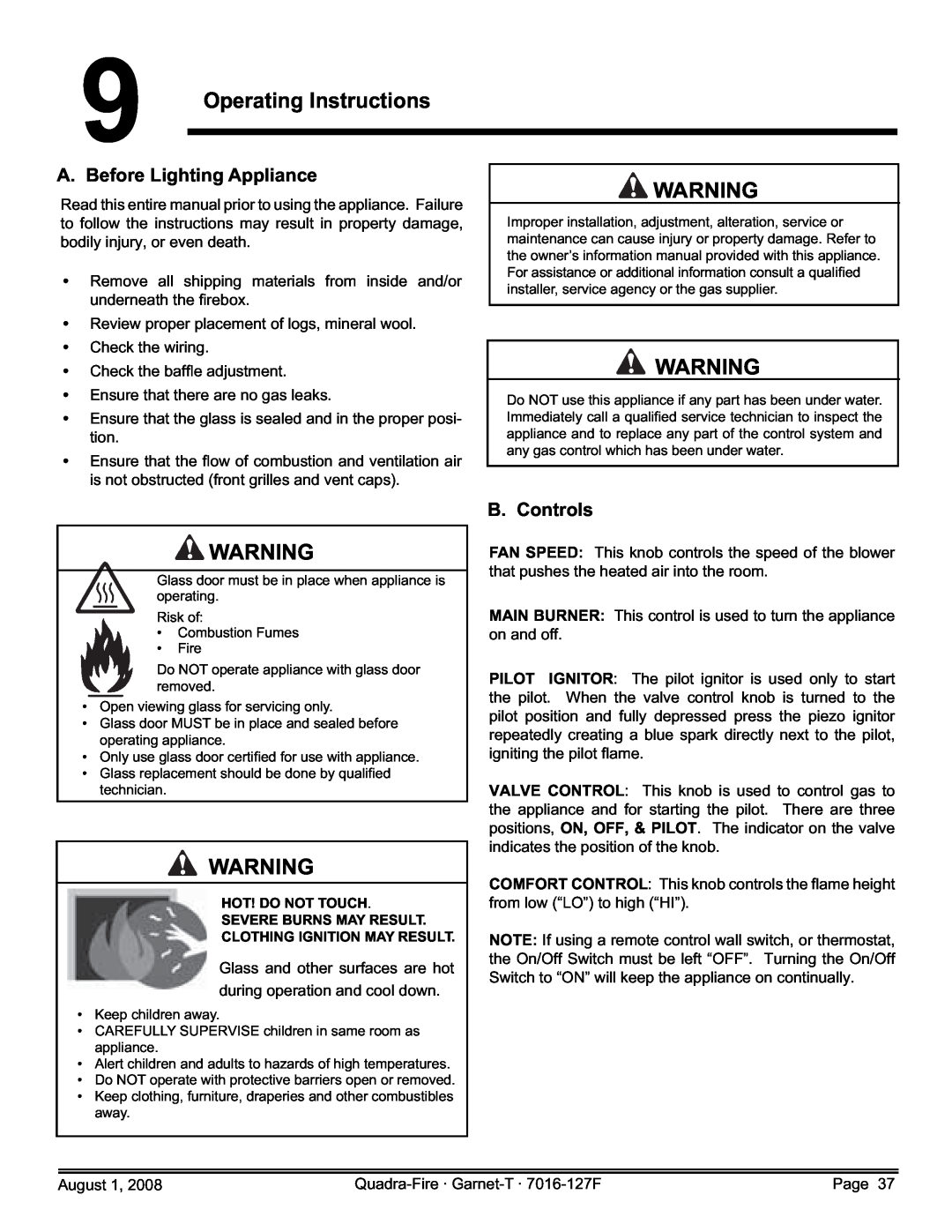 Quadra-Fire GARNET-D-MBK, GARNET-MBK, GARNET-D-PMH 9Operating Instructions, A. Before Lighting Appliance, B. Controls 
