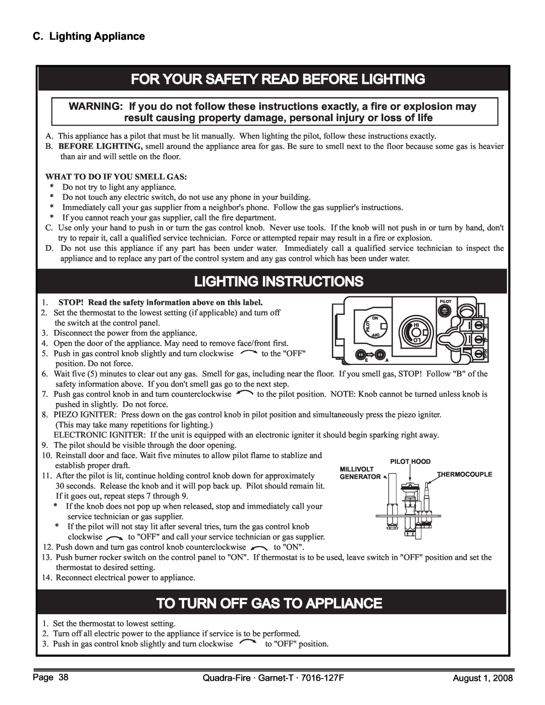 Quadra-Fire GARNET-D-CWL For Your Safety Read Before Lighting, Lighting Instructions, To Turn Off Gas To Appliance 