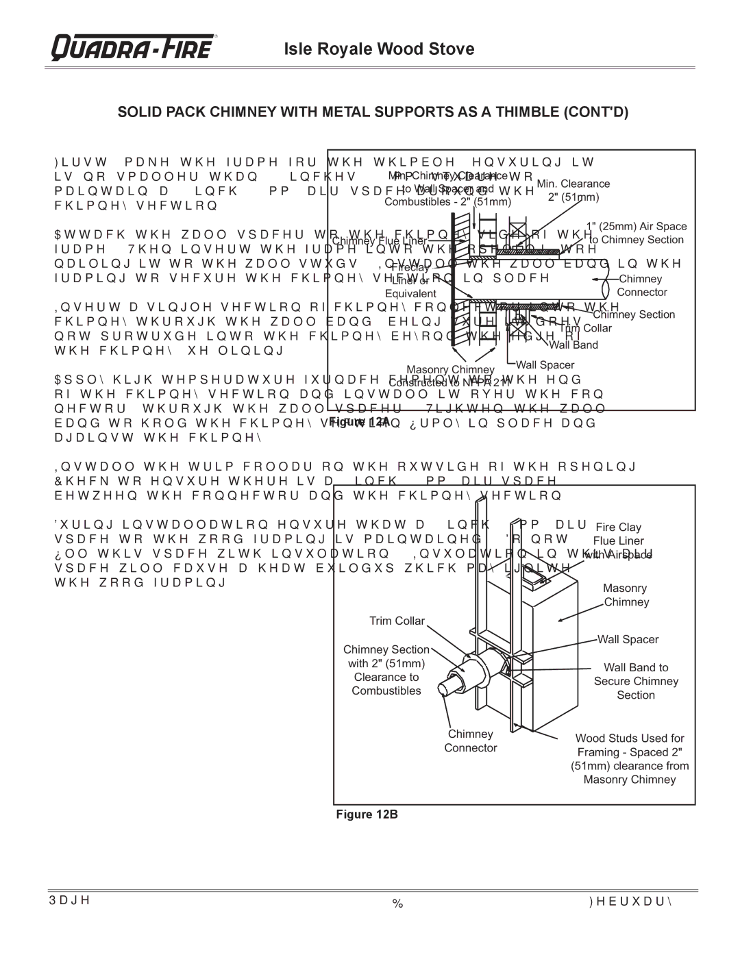 Quadra-Fire Isle Royale installation instructions Solid Pack Chimney with Metal Supports AS a Thimble Contd, Wall Band to 