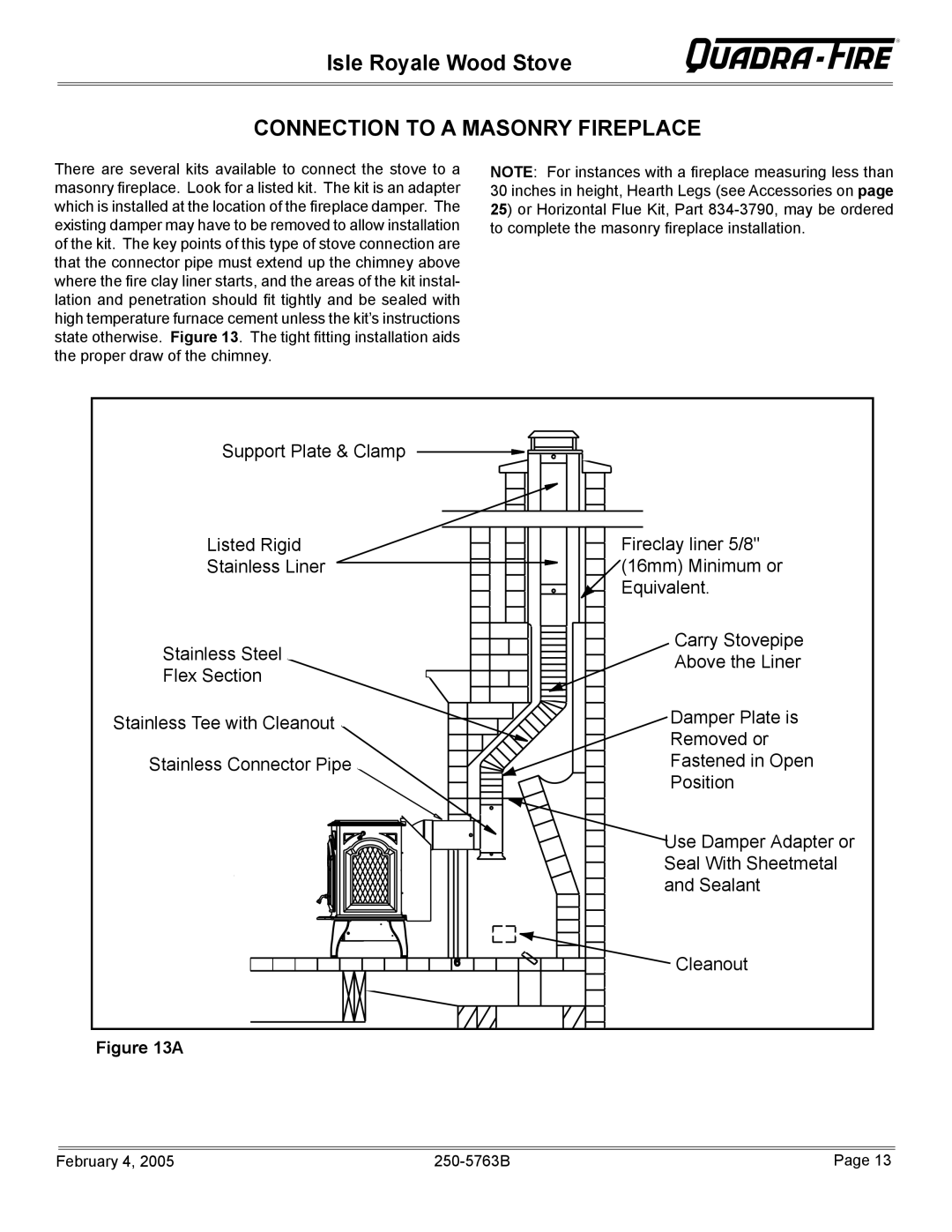 Quadra-Fire Isle Royale installation instructions Connection to a Masonry Fireplace 