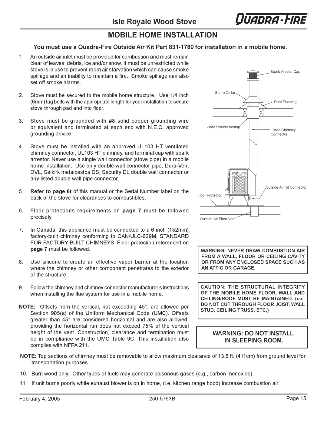 Quadra-Fire Isle Royale installation instructions Mobile Home Installation, Sleeping Room 