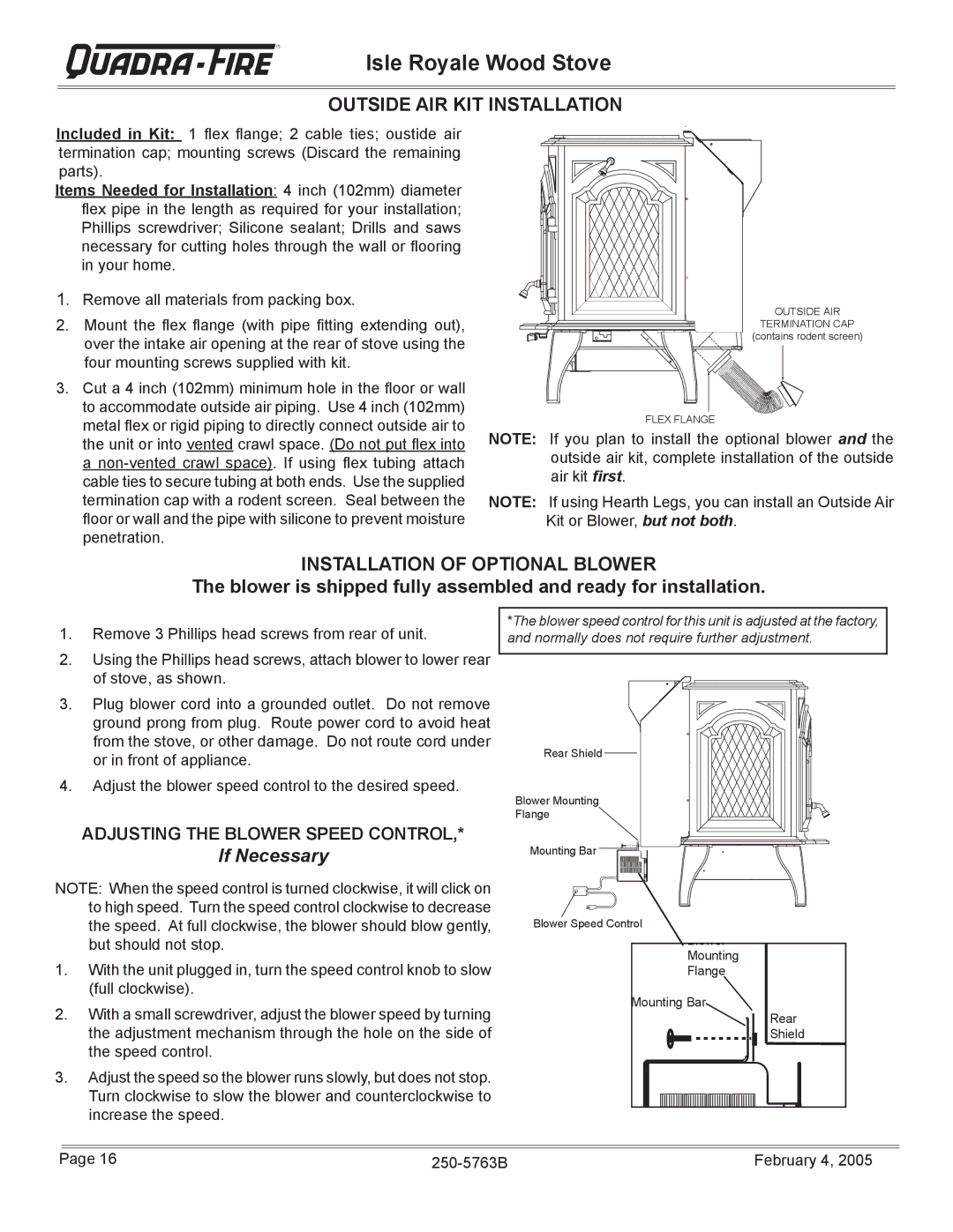 Quadra-Fire Isle Royale installation instructions Outside AIR KIT Installation, Installation of Optional Blower 